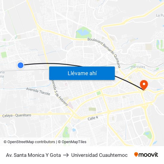 Av. Santa Monica Y Gota to Universidad Cuauhtemoc map