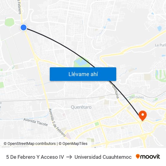 5 De Febrero Y Acceso IV to Universidad Cuauhtemoc map