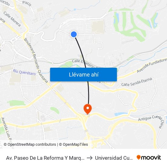 Av. Paseo De La Reforma Y Marques De Cadereyta to Universidad Cuauhtemoc map
