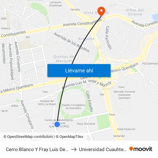 Cerro Blanco Y Fray Luis De León to Universidad Cuauhtemoc map