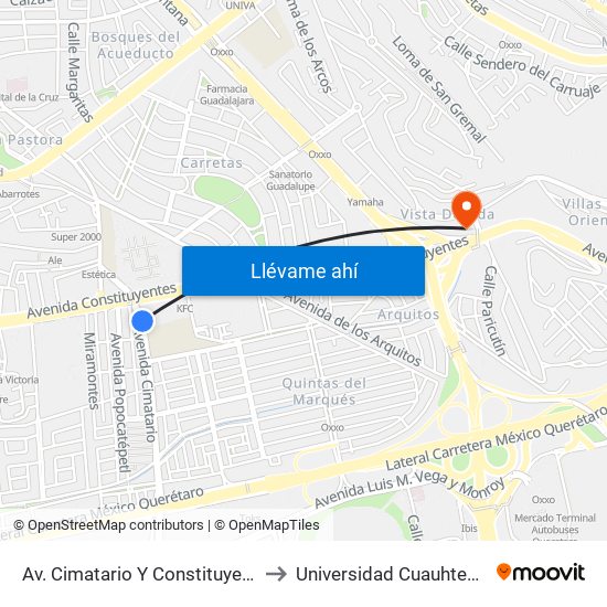 Av. Cimatario Y Constituyentes to Universidad Cuauhtemoc map