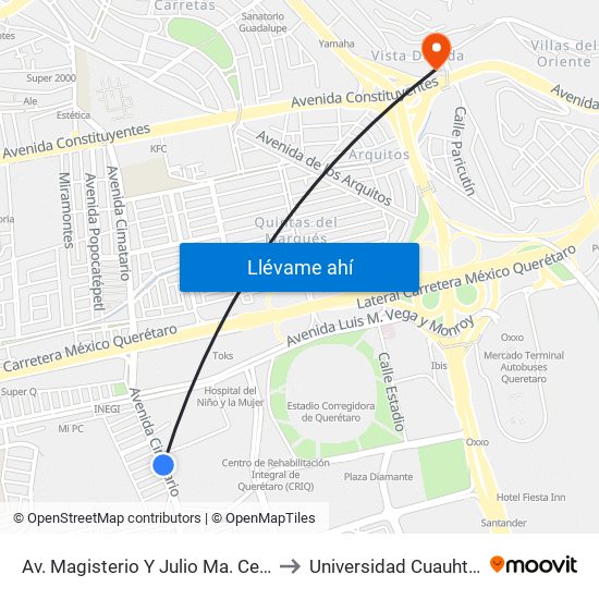 Av. Magisterio  Y Julio Ma. Cervantes to Universidad Cuauhtemoc map