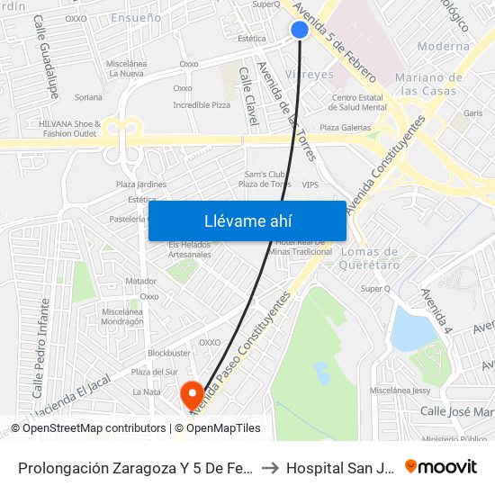 Prolongación Zaragoza Y 5 De Febrero to Hospital San Jose map