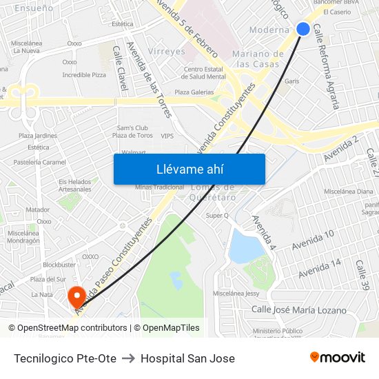 Tecnilogico Pte-Ote to Hospital San Jose map