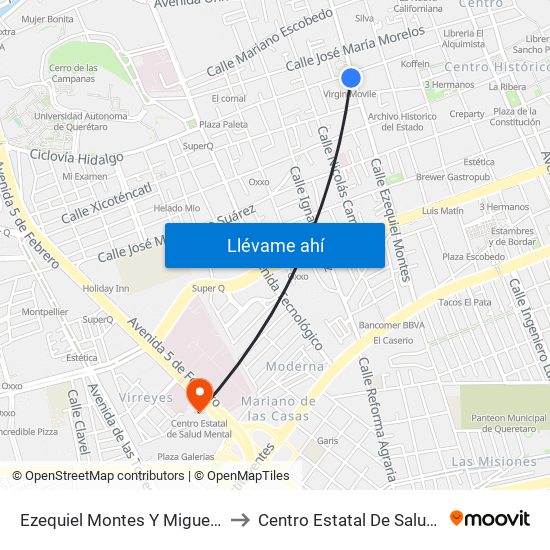 Ezequiel Montes Y Miguel Hidalgo to Centro Estatal De Salud Mental map