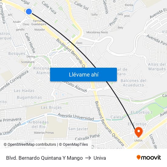 Blvd. Bernardo Quintana Y Mango to Univa map