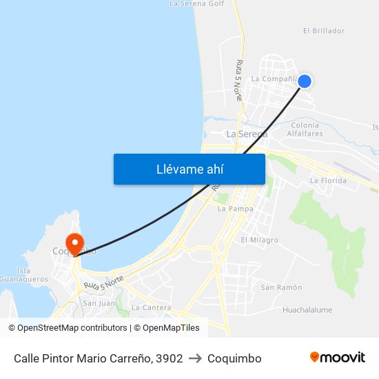 Calle Pintor Mario Carreño, 3902 to Coquimbo map