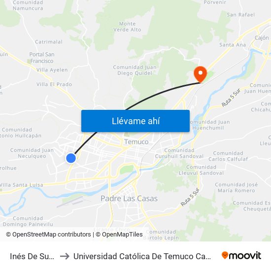 Inés De Suárez, 1685 to Universidad Católica De Temuco Campus Norte San Juan Pablo II map