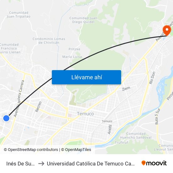 Inés De Suárez, 1165 to Universidad Católica De Temuco Campus Norte San Juan Pablo II map