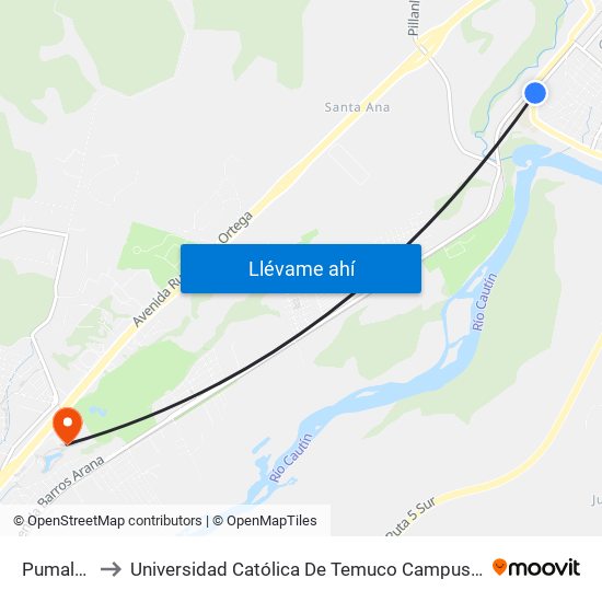 Pumalal, 004 to Universidad Católica De Temuco Campus Norte San Juan Pablo II map