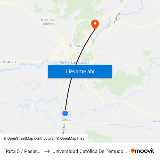 Ruta 5 / Pasarela Maihuadache to Universidad Católica De Temuco Campus Norte San Juan Pablo II map