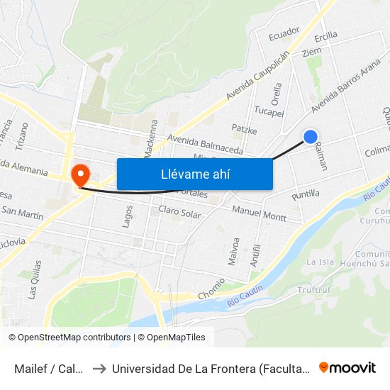 Mailef / Calpucura to Universidad De La Frontera (Facultad De Medicina) map