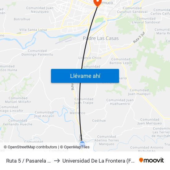 Ruta 5 / Pasarela Maihuadache to Universidad De La Frontera (Facultad De Medicina) map