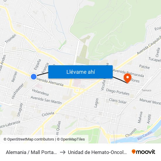 Alemania / Mall Portal Temuco to Unidad de Hemato-Oncología HHHA map