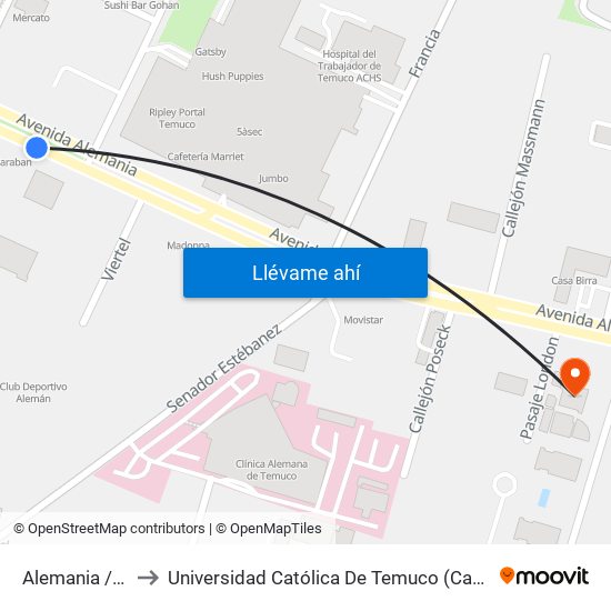 Alemania / Espana to Universidad Católica De Temuco (Campus Mechaca-Lira) map