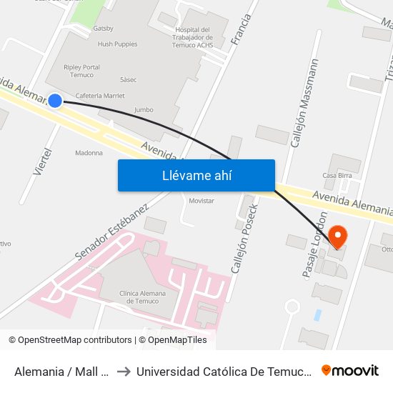 Alemania / Mall Portal Temuco to Universidad Católica De Temuco (Campus Mechaca-Lira) map