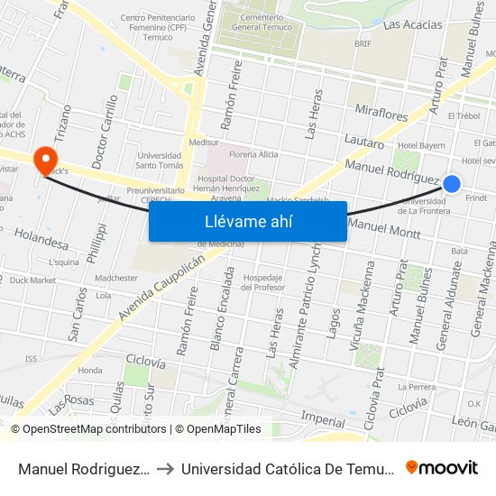 Manuel Rodriguez / Manuel Bulnes to Universidad Católica De Temuco (Campus Mechaca-Lira) map