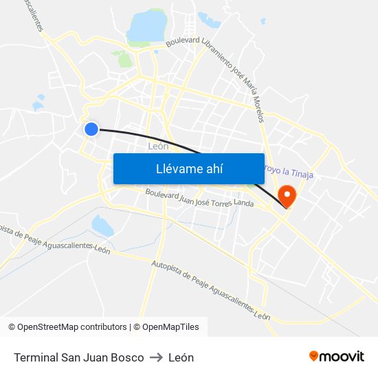 Terminal San Juan Bosco to León map