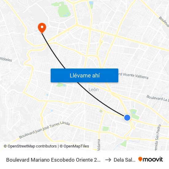 Boulevard Mariano Escobedo Oriente 2545 - 2601 - León Moderno to Dela Salle Bajio map