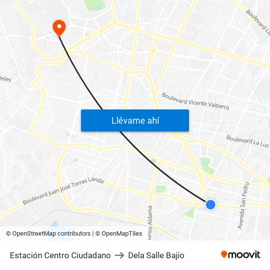 Estación Centro Ciudadano to Dela Salle Bajio map