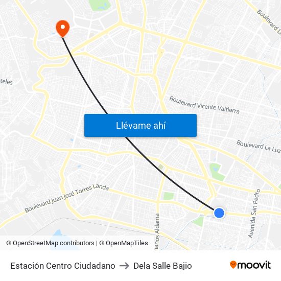 Estación Centro Ciudadano to Dela Salle Bajio map