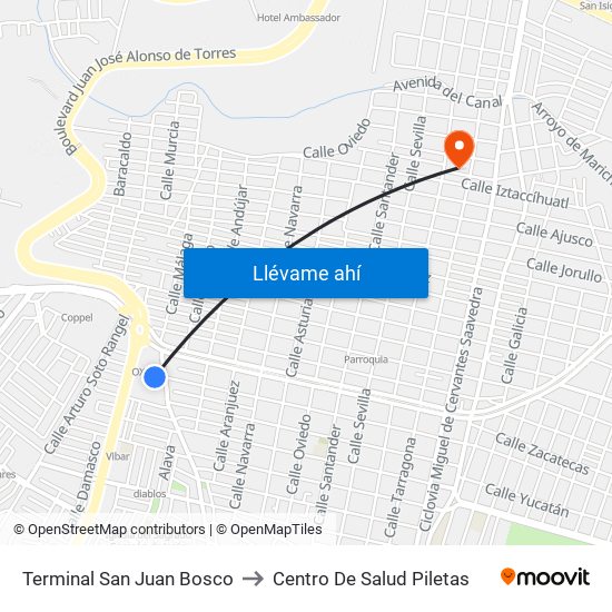 Terminal San Juan Bosco to Centro De Salud Piletas map
