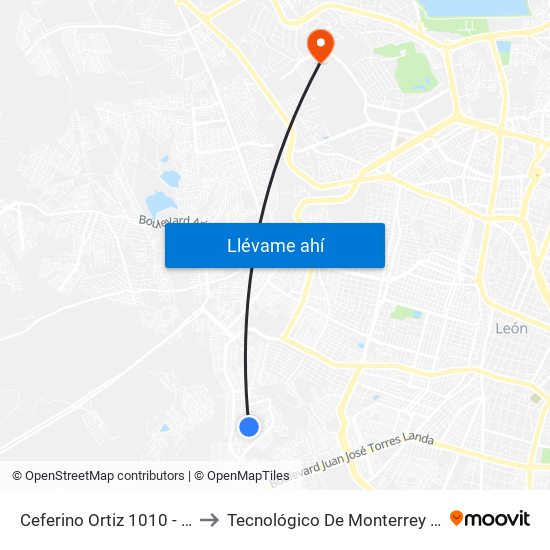 Ceferino Ortiz 1010 - Las Hilamas to Tecnológico De Monterrey - Campus León map