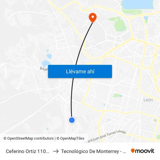 Ceferino Ortiz 1101 - León II to Tecnológico De Monterrey - Campus León map