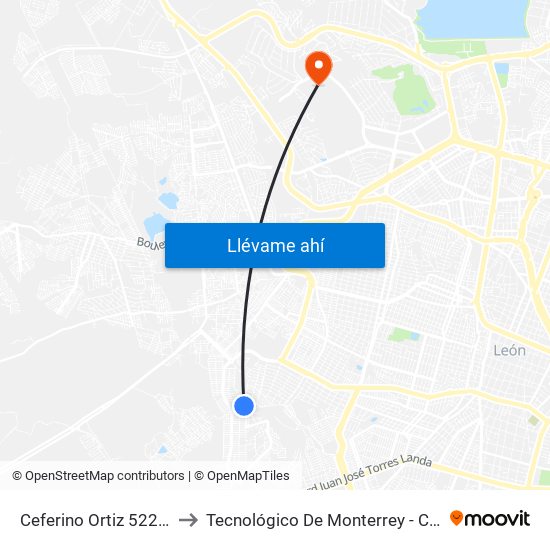 Ceferino Ortiz 522 - León II to Tecnológico De Monterrey - Campus León map