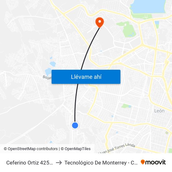 Ceferino Ortiz 425 - León II to Tecnológico De Monterrey - Campus León map