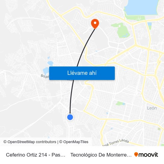 Ceferino Ortiz 214 - Paseos De Miravalle to Tecnológico De Monterrey - Campus León map