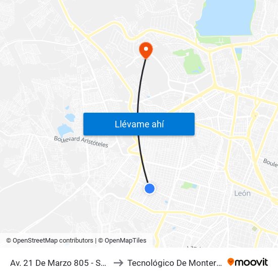 Av. 21 De Marzo 805 - San Martin De Porres to Tecnológico De Monterrey - Campus León map