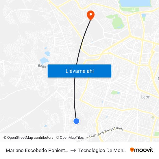 Mariano Escobedo Poniente - Lomas De Las Hilamas to Tecnológico De Monterrey - Campus León map