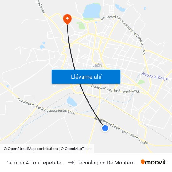 Camino A Los Tepetates - Santa Ana A.C to Tecnológico De Monterrey - Campus León map