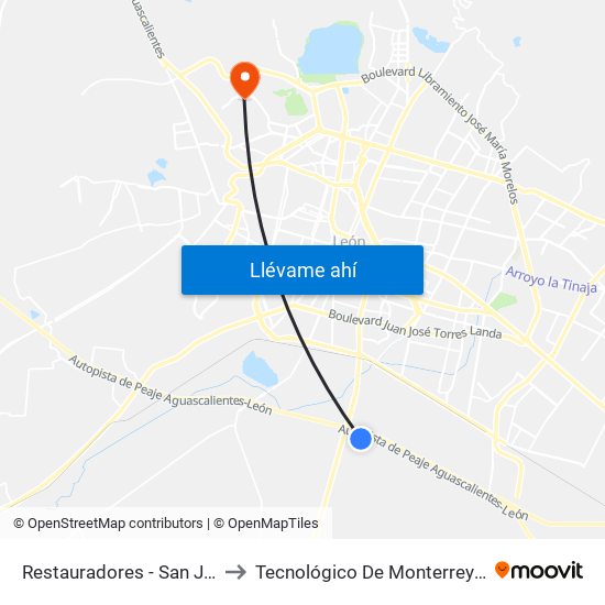 Restauradores - San Jose De Duran to Tecnológico De Monterrey - Campus León map