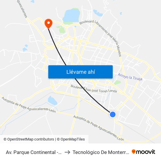 Av. Parque Continental - Parques La Noria to Tecnológico De Monterrey - Campus León map