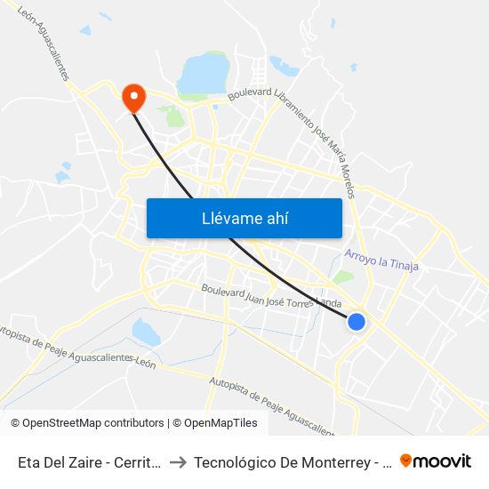 Eta Del Zaire - Cerrito De Jerez to Tecnológico De Monterrey - Campus León map