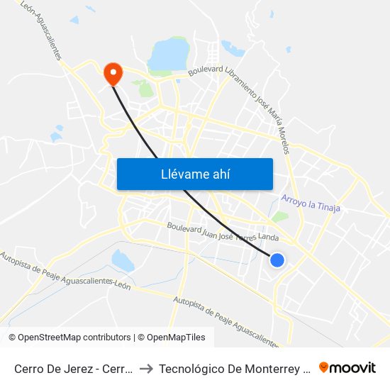 Cerro De Jerez - Cerrito De Jerez to Tecnológico De Monterrey - Campus León map