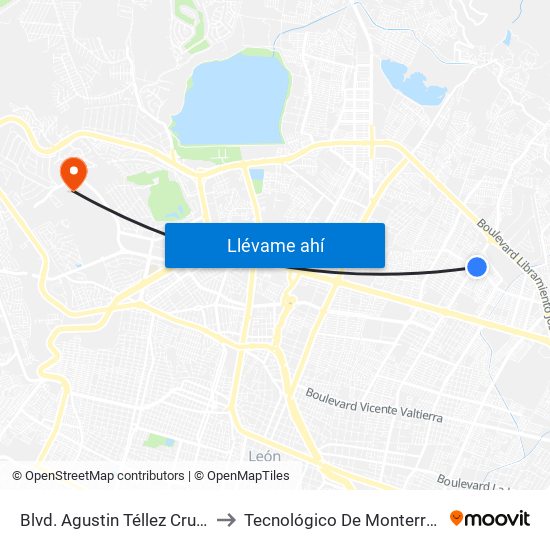 Blvd. Agustin Téllez Cruces - Deportiva II to Tecnológico De Monterrey - Campus León map