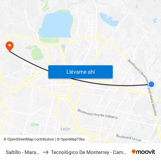 Saltillo - Maravillas to Tecnológico De Monterrey - Campus León map