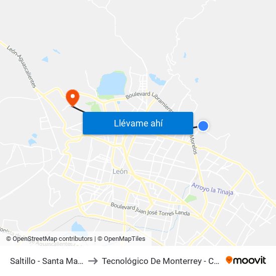 Saltillo - Santa Magdalena to Tecnológico De Monterrey - Campus León map