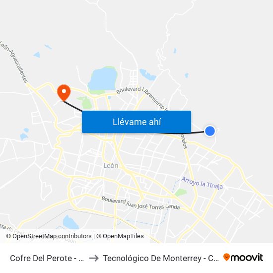 Cofre Del Perote - El Peñon to Tecnológico De Monterrey - Campus León map