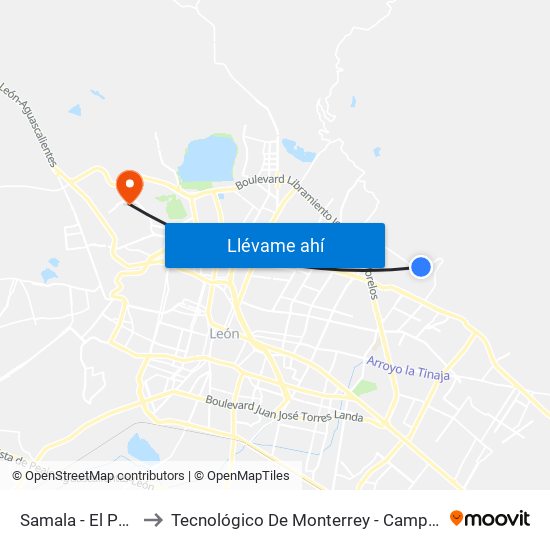 Samala - El Peñon to Tecnológico De Monterrey - Campus León map