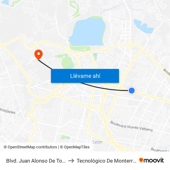 Blvd. Juan Alonso De Torres - La Alameda to Tecnológico De Monterrey - Campus León map