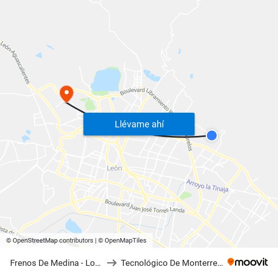 Frenos De Medina - Lomas De Medina to Tecnológico De Monterrey - Campus León map