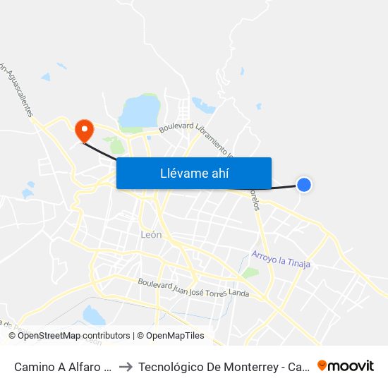 Camino A Alfaro - Alfaro to Tecnológico De Monterrey - Campus León map