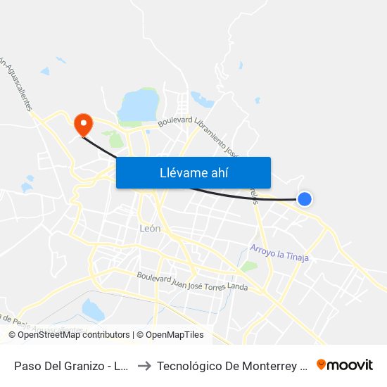 Paso Del Granizo - La Esperanza to Tecnológico De Monterrey - Campus León map