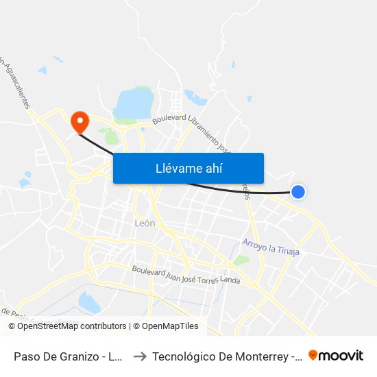 Paso De Granizo - La Esperanza to Tecnológico De Monterrey - Campus León map