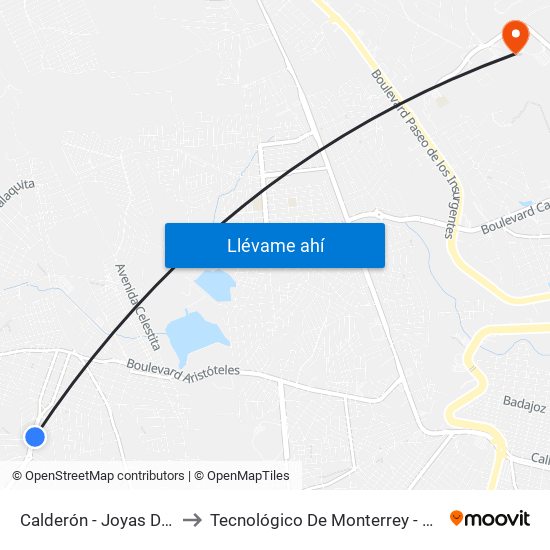 Calderón - Joyas De Castilla to Tecnológico De Monterrey - Campus León map