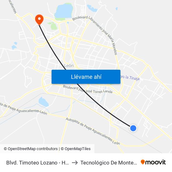 Blvd. Timoteo Lozano - Hacienda De San José to Tecnológico De Monterrey - Campus León map